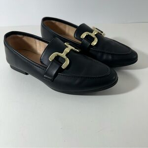 Womens Black Faux Leather Loafers With Gold Buckle Size 7 A New Day Office